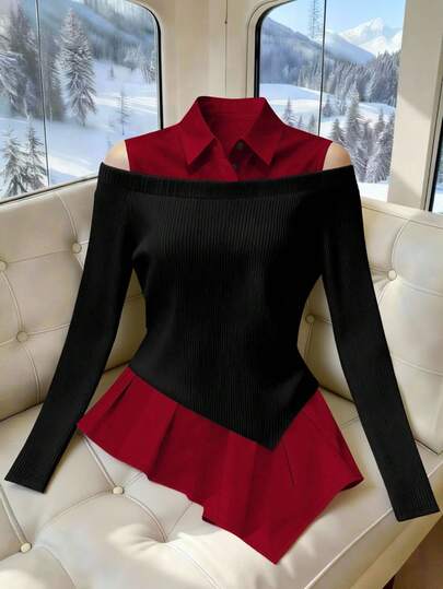 Franclia Classic Black & White Contrast Color 2 In 1 Cold Shoulder Long Sleeve Top, Minimalist & Fashionable