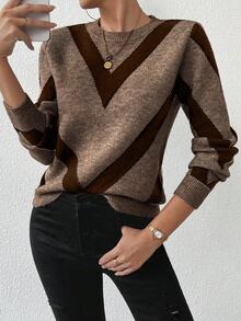 SHEIN LUNE 2024秋冬新款几何条纹套头毛衣棕色条纹毛衣秋季毛衣女毛衣棕色毛衣 - 彩色 - 查看 4