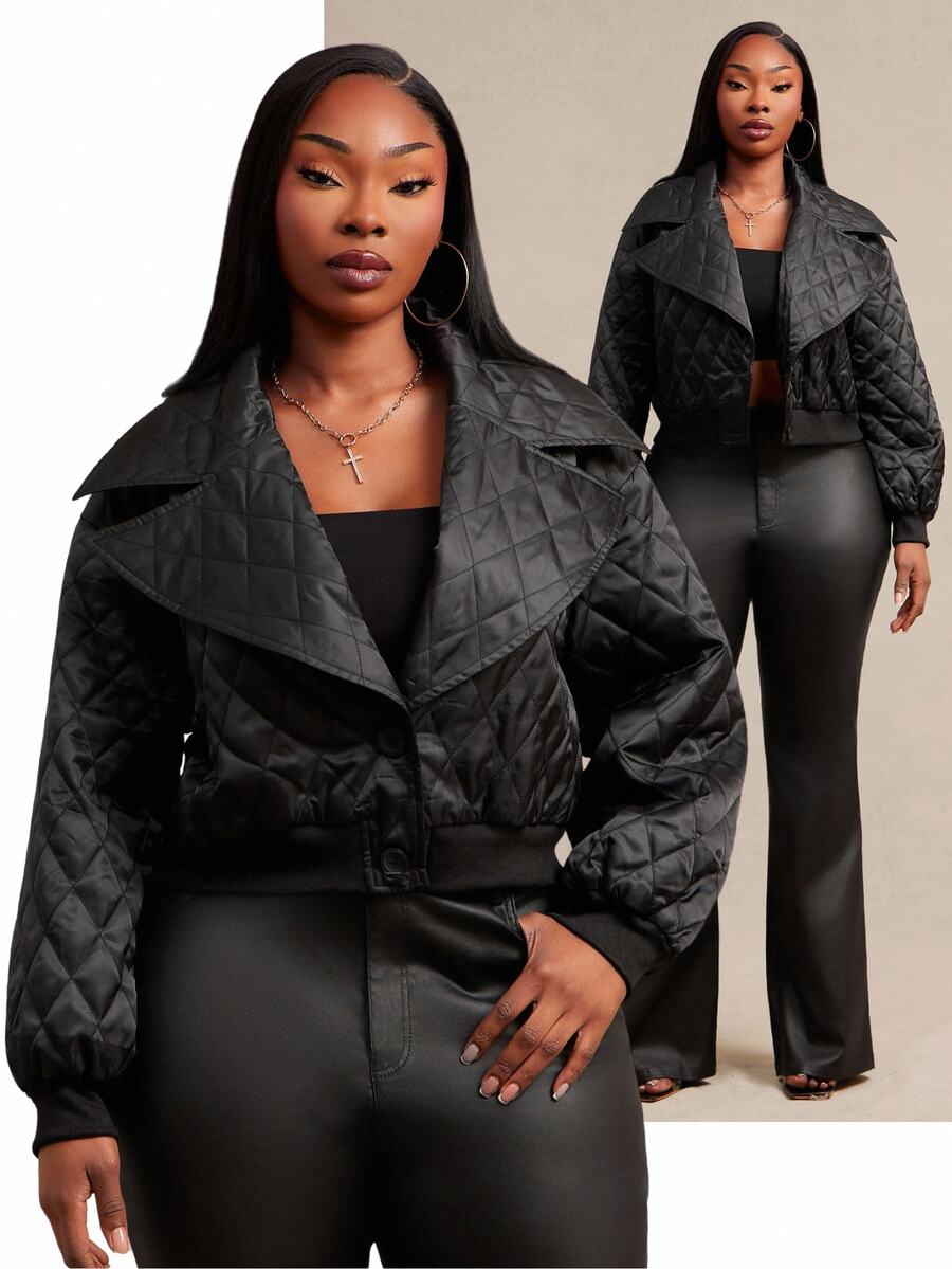 SHEIN SXY Plus Size Women's Solid Color Casual Versatile Winter Padded Coat - Black - View 1