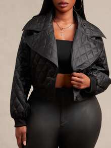 SHEIN SXY Plus Size Women's Solid Color Casual Versatile Winter Padded Coat - Black - View 3