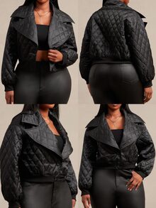 SHEIN SXY Plus Size Women's Solid Color Casual Versatile Winter Padded Coat - Black - View 2