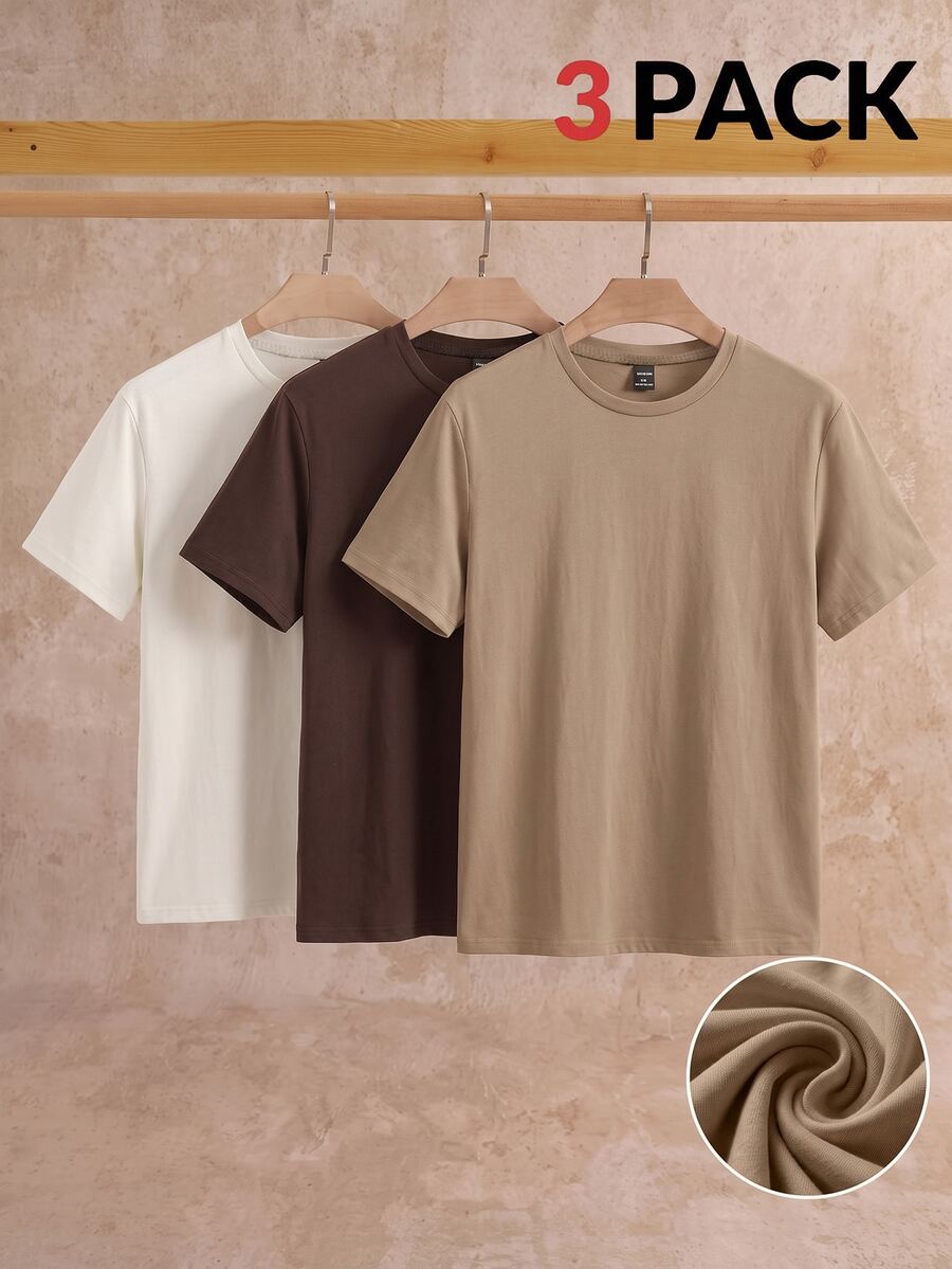 HIMLAND 3pcs Pack Men's Casual Knit Solid Color Short Sleeve T-Shirt, Suitable For Daily Wear