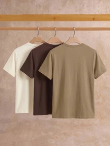 HIMLAND 3pcs Pack Men's Casual Knit Solid Color Short Sleeve T-Shirt, Suitable For Daily Wear - Multicolor - View 3
