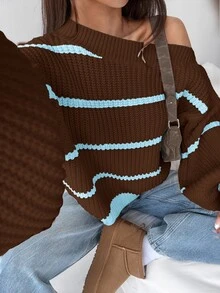 Autumina Sexy Open Shoulder Loose Fashion Black & White Striped Women's Sweater - Multicolor - View 3