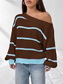 Autumina Sexy Open Shoulder Loose Fashion Black & White Striped Women's Sweater - Multicolor - View 4