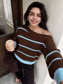 Autumina Sexy Open Shoulder Loose Fashion Black & White Striped Women's Sweater - Multicolor - View 1