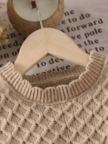 SHEIN Young Girls Casual Solid Color Diamond Pattern Patchwork Lantern Sleeve Sweater, Autumn/Winter Pullover - Khaki - View 5