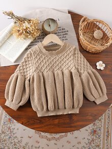 SHEIN Young Girls Casual Solid Color Diamond Pattern Patchwork Lantern Sleeve Sweater, Autumn/Winter Pullover - Khaki - View 3