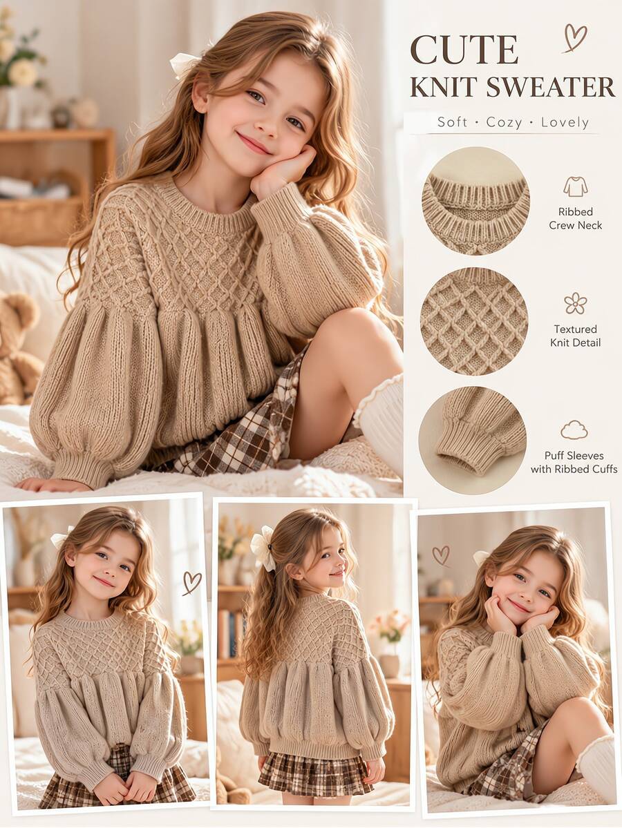 SHEIN Young Girls Casual Solid Color Diamond Pattern Patchwork Lantern Sleeve Sweater, Autumn/Winter Pullover - Khaki - View 1