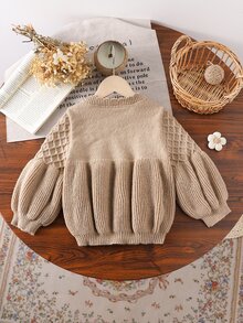 SHEIN Young Girls Casual Solid Color Diamond Pattern Patchwork Lantern Sleeve Sweater, Autumn/Winter Pullover - Khaki - View 2