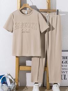 SHEIN 2pcs/Set Kids/Tween Boys' Casual School Sports Graphic Letter Print Round Neck Short Sleeve T-Shirt And Shorts Set, Suitable For Commuting, School, Daily Casual, Sports, Spring/Summer - Khaki - View 5