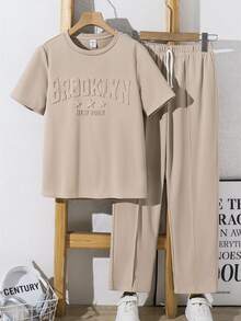 SHEIN 2pcs/Set Kids/Tween Boys' Casual School Sports Graphic Letter Print Round Neck Short Sleeve T-Shirt And Shorts Set, Suitable For Commuting, School, Daily Casual, Sports, Spring/Summer - Khaki - View 4