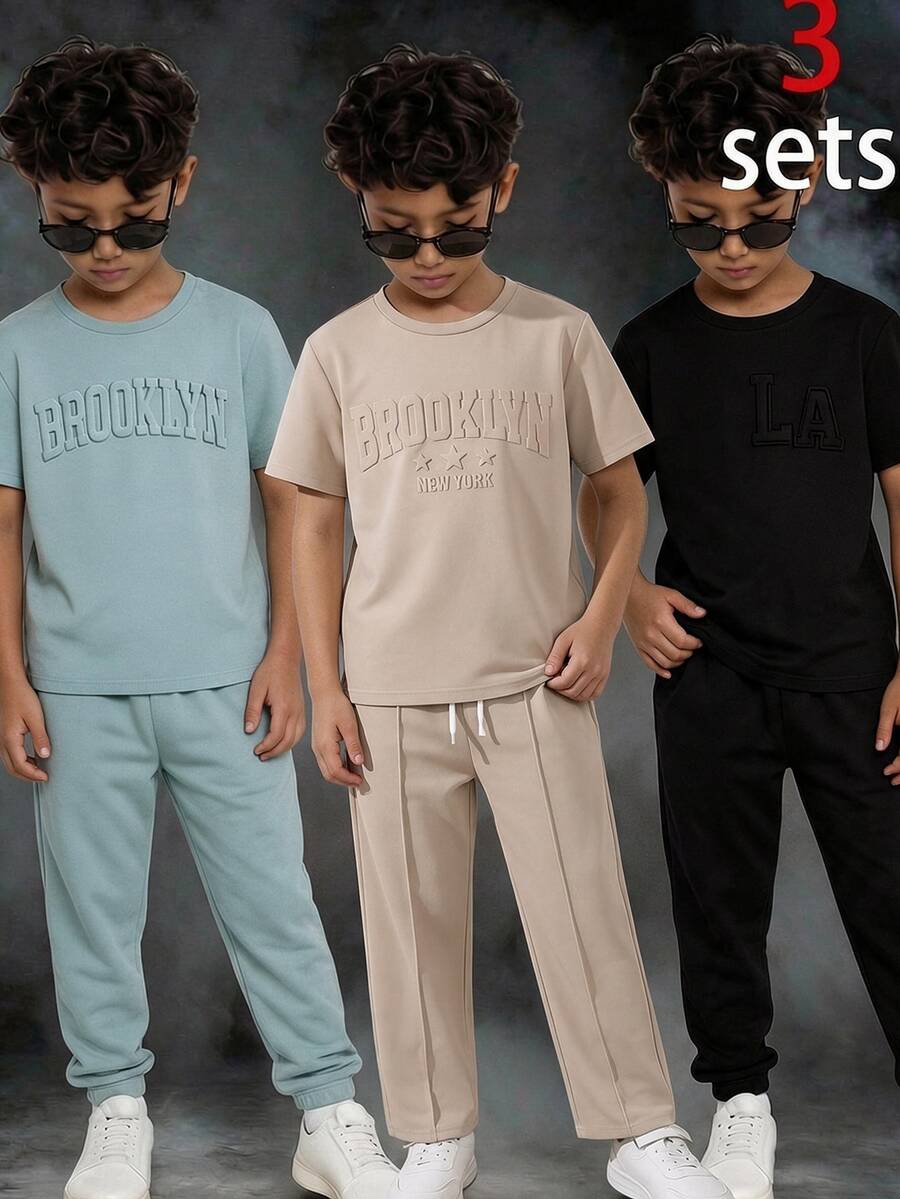 SHEIN 2pcs/Set Kids/Tween Boys' Casual School Sports Graphic Letter Print Round Neck Short Sleeve T-Shirt And Shorts Set, Suitable For Commuting, School, Daily Casual, Sports, Spring/Summer