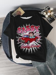 Betty Boop x SHEIN Plus Size Cartoon Letter Print Short Sleeve T-Shirt Date Night Brunch Black Summer Casual Alternative - White - View 3