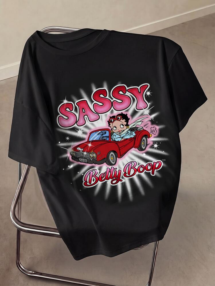 Betty Boop x SHEIN Plus Size Cartoon Letter Print Short Sleeve T-Shirt Date Night Brunch Black Summer Casual Alternative - White - View 1