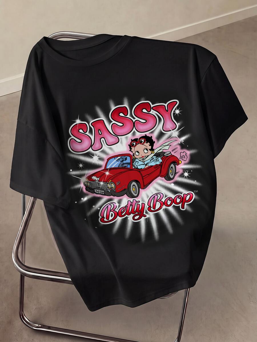 Betty Boop x SHEIN Plus Size Cartoon Letter Print Short Sleeve T-Shirt Date Night Brunch Black Summer Casual Alternative - White - View 1