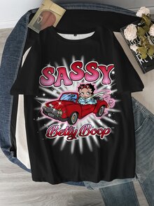 Betty Boop x SHEIN Plus Size Cartoon Letter Print Short Sleeve T-Shirt Date Night Brunch Black Summer Casual Alternative - White - View 4