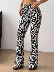 SHEIN EZwear 女款斑馬紋休閒性感日常穿著喇叭褲，黑白配色，適合度假與秋季 - 黑與白 - 查看 5