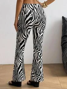 SHEIN EZwear 女款斑馬紋休閒性感日常穿著喇叭褲，黑白配色，適合度假與秋季 - 黑與白 - 查看 2