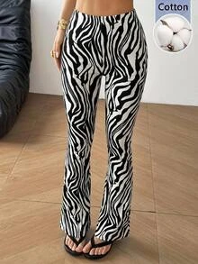 SHEIN EZwear 女款斑馬紋休閒性感日常穿著喇叭褲，黑白配色，適合度假與秋季 - 黑與白 - 查看 3