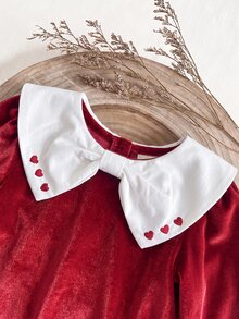 SHEIN 女嬰連身衣 蝴蝶結翻領長袖 可愛蝴蝶田園風 卡其米色印花連身衣 - 紅色 - 查看 4