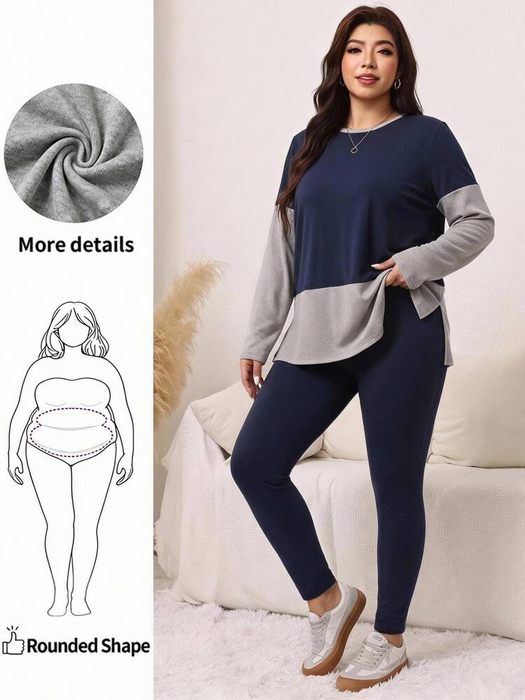 SHEIN LUNE Plus Size Women's Colorblock Round Neck Long Sleeve T-Shirt And Leggings Baggy 2 Pieces Set Formal Vacation Home Wear Navy Blue Autumn Going Out - Navy Blue - View 9