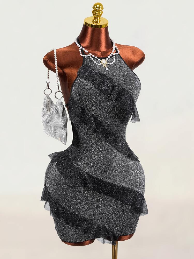 Mistrie Ladies' Summer- Sexy Elegant Necklaces, Revealing Back, Fringed, Glittering Fabric Full-Skirted Short Dress New Year Party Club Gray - Black - View 6