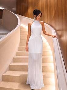 Firerie Elegant White Minimalist Lustrous Elastic Pleated Dress Mandarin Collar Fitted Silhouette Straight Skirt With Button Decor For Party Formal Bridal - White - View 4