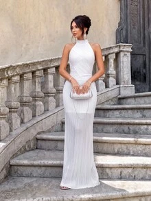 Firerie Elegant White Minimalist Lustrous Elastic Pleated Dress Mandarin Collar Fitted Silhouette Straight Skirt With Button Decor For Party Formal Bridal - White - View 5