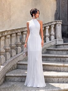 Firerie Elegant White Minimalist Lustrous Elastic Pleated Dress Mandarin Collar Fitted Silhouette Straight Skirt With Button Decor For Party Formal Bridal - White - View 7