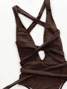 SHEIN Swim Summer Beach Women's Cross Back Deep V-Neck High Cut One Piece Swimsuit - Coffee Brown - View 5