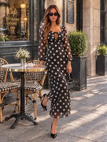 Elenzga Valentine Christmas Party Vacation Polka Dot Keyhole Neck Long Sleeve Mesh Midi Dress - Black - View 4