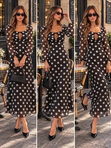 Elenzga Valentine Christmas Party Vacation Polka Dot Keyhole Neck Long Sleeve Mesh Midi Dress - Black - View 8