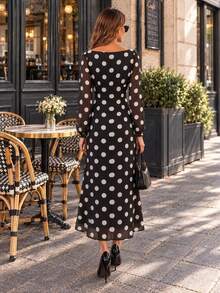 Elenzga Valentine Christmas Party Vacation Polka Dot Keyhole Neck Long Sleeve Mesh Midi Dress - Black - View 2