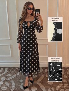 Elenzga Valentine Christmas Party Vacation Polka Dot Keyhole Neck Long Sleeve Mesh Midi Dress - Black - View 6