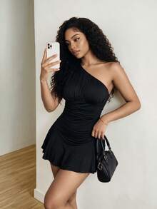 BamGleam One Shoulder Ruffle Trimmed Women's Bodycon Romper - Black - View 4