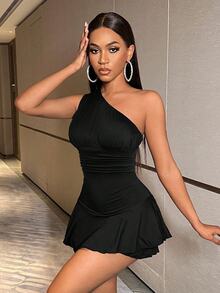 BamGleam One Shoulder Ruffle Trimmed Women's Bodycon Romper - Black - View 7