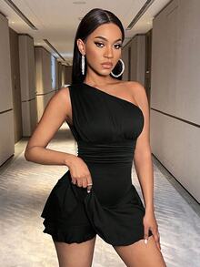 BamGleam One Shoulder Ruffle Trimmed Women's Bodycon Romper - Black - View 8