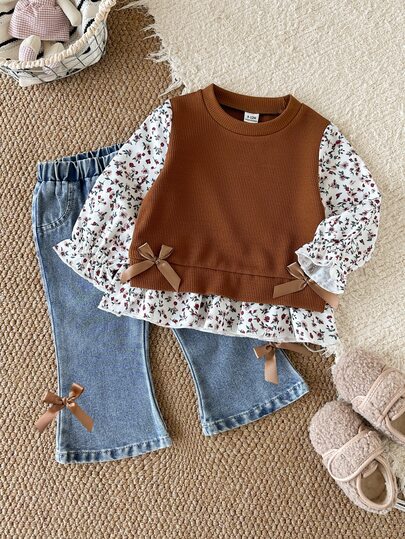 SHEIN 2pcs Toddler Girl Top + Denim Pants Sweet Cute Brown Blue Bow Ruffle Floral Spliced Long Sleeve Round Neck Regular Birthday Party Fall Princess