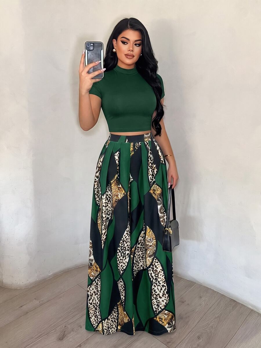 SHEIN SXY 2pcs Women's Summer Yellow T-Shirt And Colorblock Wide Leg Pants Set - Multicolor - View 1