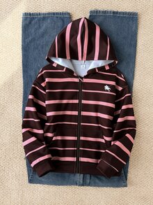 SHEIN 秋冬季青少年女孩連帽拉鍊外套，條紋印花與不對稱設計，街頭風混搭，5-15°C，針織面料，微寬鬆版型預留成長空間，適合校園與街頭穿搭，瞬間變身活力女孩！ - 彩色 - 查看 6
