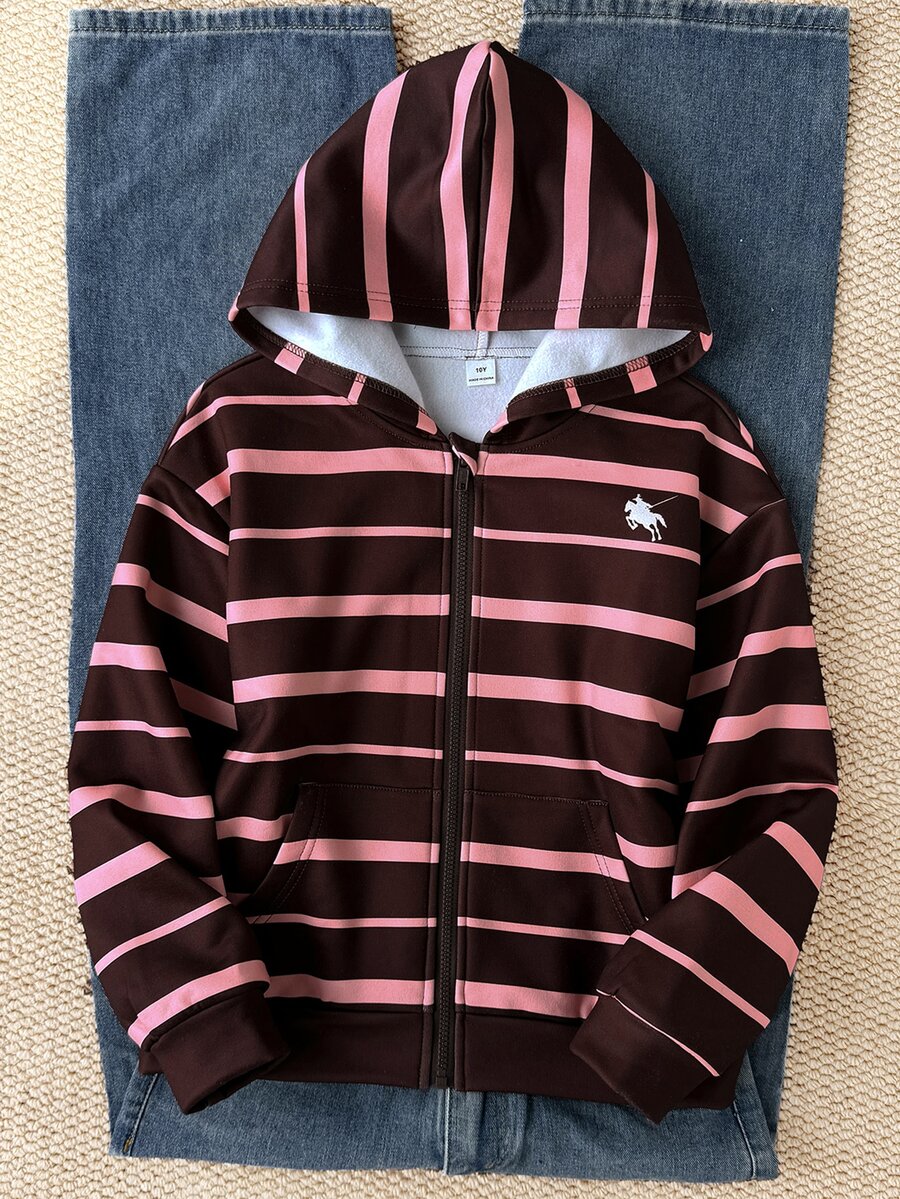 SHEIN 秋冬季青少年女孩連帽拉鍊外套,條紋印花與不對稱設計,街頭風混搭,5-15°C,針織面料,微寬鬆版型預留成長空間,適合校園與街頭穿搭,瞬間變身活力女孩! - 彩色 - 查看 1