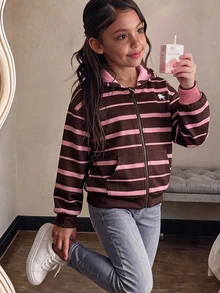 SHEIN 秋冬季青少年女孩連帽拉鍊外套，條紋印花與不對稱設計，街頭風混搭，5-15°C，針織面料，微寬鬆版型預留成長空間，適合校園與街頭穿搭，瞬間變身活力女孩！ - 彩色 - 查看 2