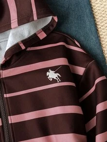 SHEIN 秋冬季青少年女孩連帽拉鍊外套，條紋印花與不對稱設計，街頭風混搭，5-15°C，針織面料，微寬鬆版型預留成長空間，適合校園與街頭穿搭，瞬間變身活力女孩！ - 彩色 - 查看 3