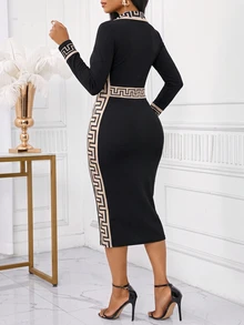 SHEIN Lady Women's Patchwork Geometric Print Lapel Neck Long Sleeve Fitted Elegant Mid-Length Dress - Black - View 9