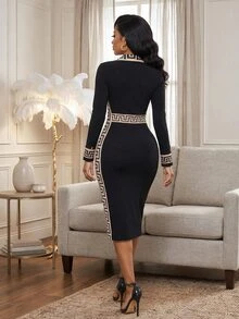 SHEIN Lady Women's Patchwork Geometric Print Lapel Neck Long Sleeve Fitted Elegant Mid-Length Dress - Black - View 5