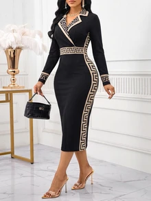 SHEIN Lady Women's Patchwork Geometric Print Lapel Neck Long Sleeve Fitted Elegant Mid-Length Dress - Black - View 2