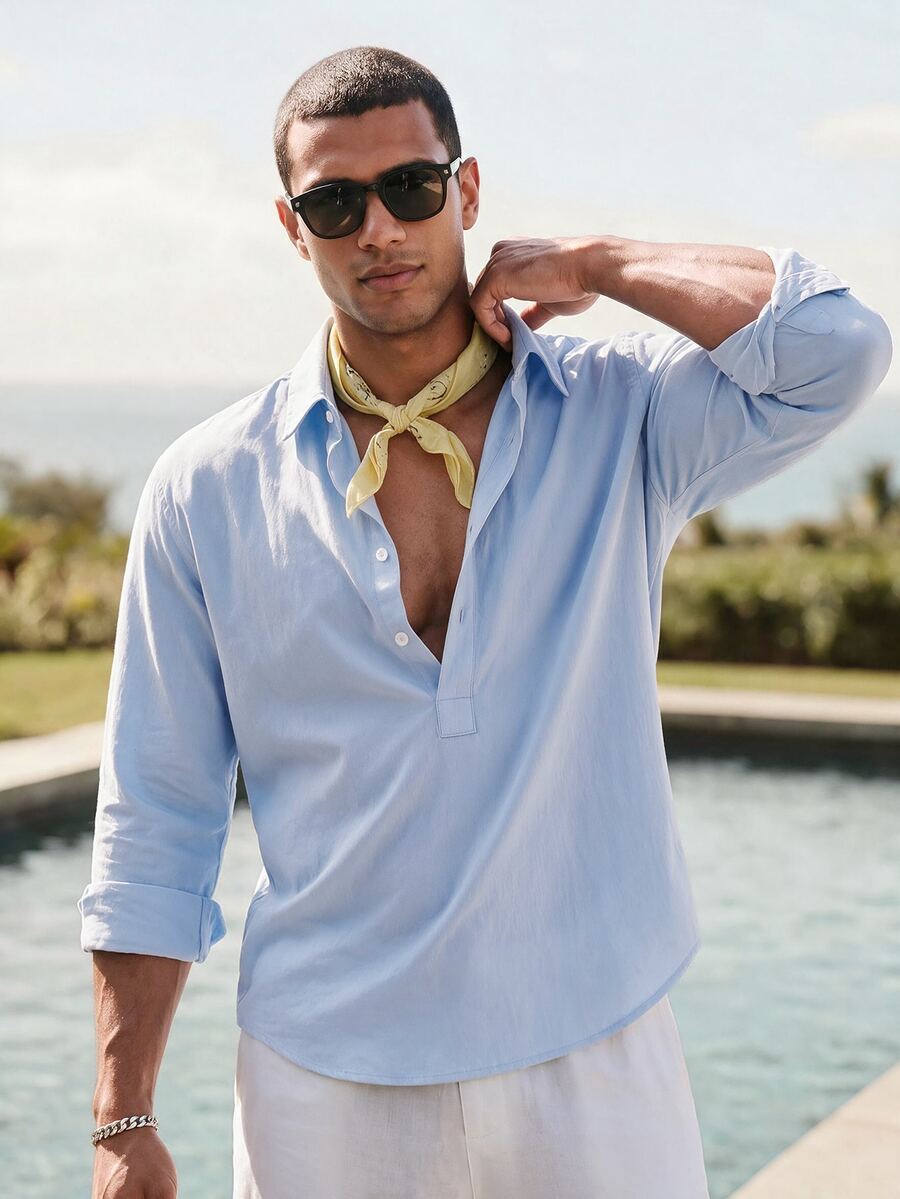 HIMLAND Men's Solid Color Casual Versatile Daily Wear Long Sleeve Shirt - Blue - View 1