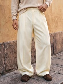 HIMLAND Men's Woven Fitted Casual Long Mid-Waist Straight Leg Suit Pants, Suitable For Spring And Summer - Khaki - View 1