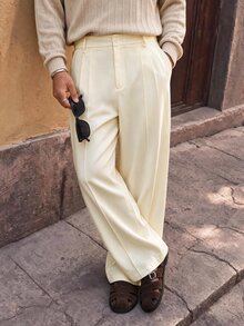 HIMLAND Men's Woven Fitted Casual Long Mid-Waist Straight Leg Suit Pants, Suitable For Spring And Summer - Khaki - View 5
